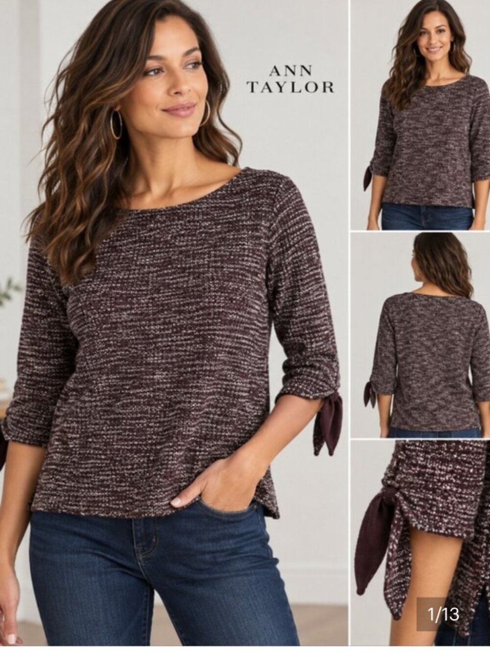 Ann Taylor Factory Burgundy Bouclé Knit Top Tie Sleeve Women’s Medium